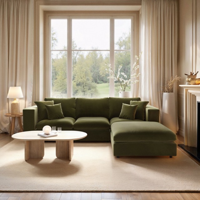 SOLACE+CO Asher 4 Seater Sofa with Reversible Footstool Khaki Green Velvet - image 1