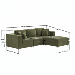 SOLACE+CO Asher 4 Seater Sofa with Reversible Footstool Khaki Green Velvet - thumbnail 7