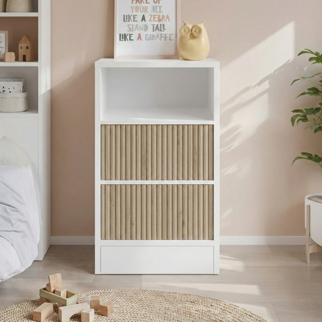"Flair Luca 3 Tier Storage Unit with Ribbed Doors White and Oak " - image 1