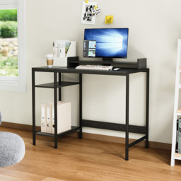 "Living & Home Office Desk with Raised Monitor Stand & Shelves Black " - thumbnail 1