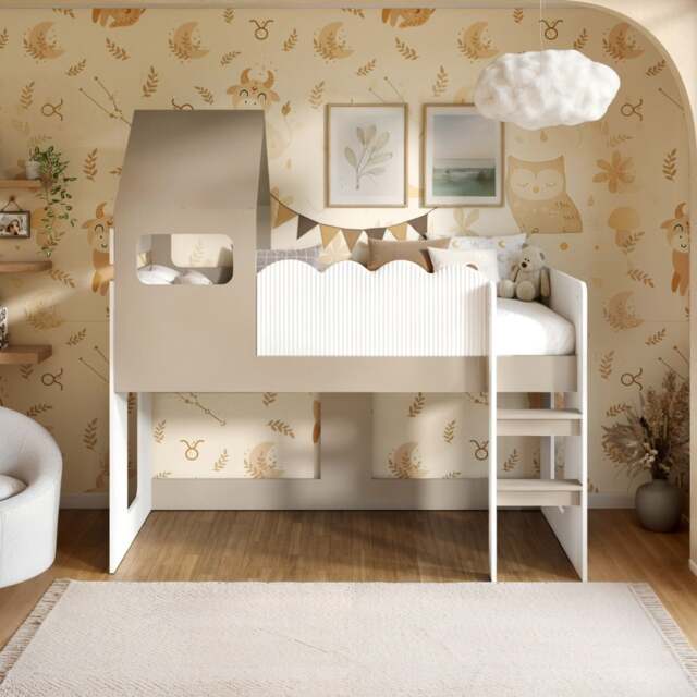Flair Calista Ribbed House Mid Sleeper Bed White & Taupe - image 1