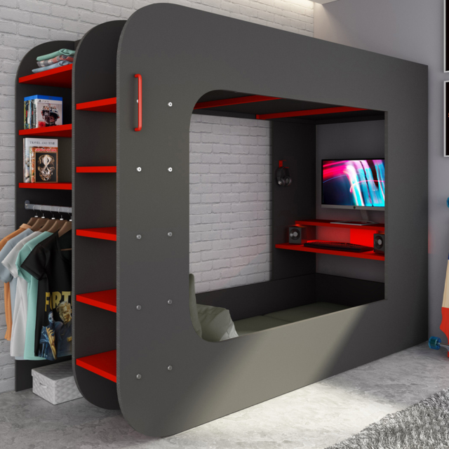 "Trasman Loft Pod Gaming High Sleeper Bed with Desk and Wardrobe " - image 1