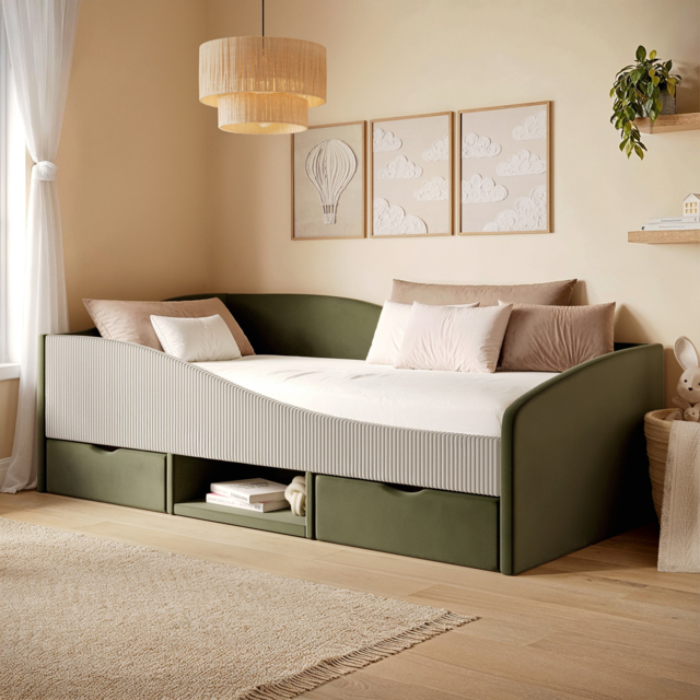 Flair Aubrey Low Sleeper Bed Olive Green Velvet & Beige Cord - image 1