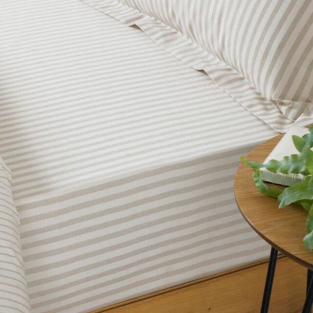 Yard Hebden Striped Fitted Bed Sheet 100% Cotton-Kingsize-Natural - image 1