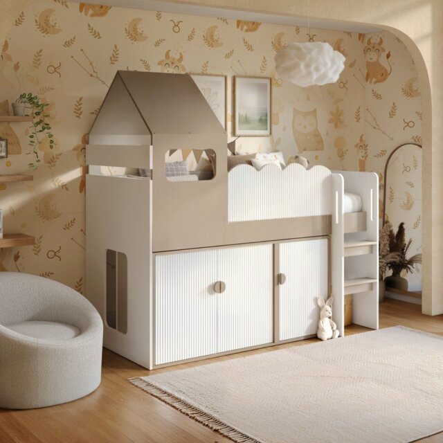 Flair Calista Ribbed House Mid Sleeper Bed with Storage White & Taupe - image 1
