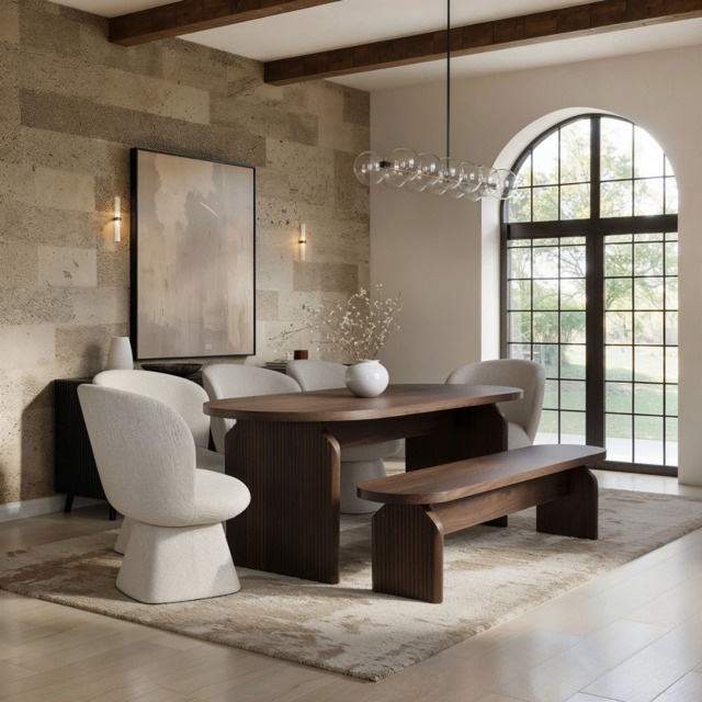 SOLACE+CO Varm Ribbed Oval Dining Table with Bench & Aiko Chairs Set Table + 5 Chairs Walnut - image 1