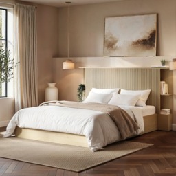 SOLACE+CO Zora Ottoman Hotel Bed with Headboard Shelves Oak Double
