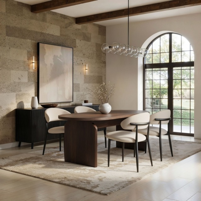 SOLACE+CO Varm & Cyra Dining Table Set with Beige Chenille Chairs Table + 4 Chairs-Walnut - image 1
