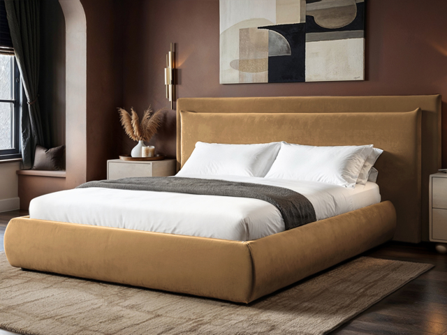 SOLACE+CO Sigrid Sand Velvet Cushion Headboard Ottoman Bed Kingsize - image 1