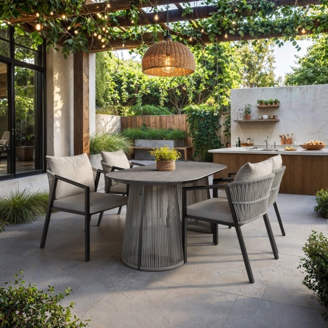 SOLACE+CO Hana Oval Garden Dining Table Grey with Lynden Chairs Set of 4 Dark Brown - image 1