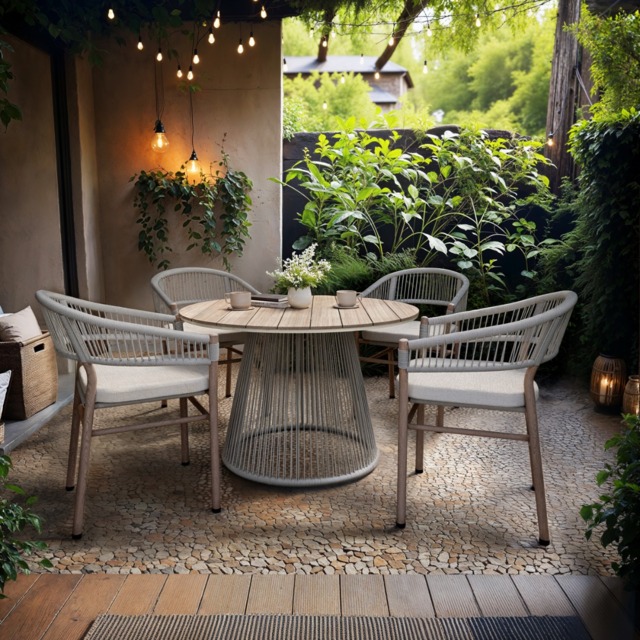 SOLACE+CO Hana Round Table & Set of 4 Lita Chairs Garden Dining Set White & Beige - image 1