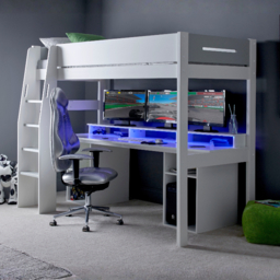 Kids Avenue Urban High Sleeper Loft Gaming Bed with Desk White & Grey