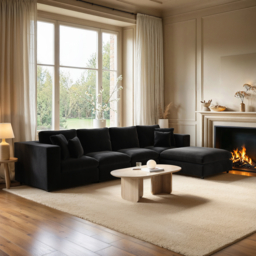 SOLACE+CO Asher Large Sofa with Reversible Footstool-Black Velvet - thumbnail 1