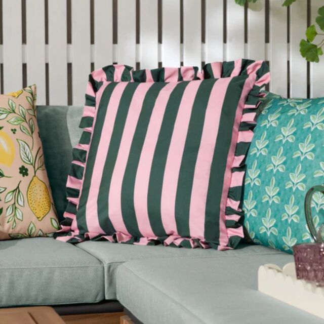 Furn Palm Royale 50 x 50cm Stripe Ruffle Outdoor Cushion Polyester-Green & Pink - image 1