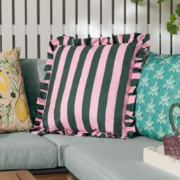 Furn Palm Royale 50 x 50cm Stripe Ruffle Outdoor Cushion Polyester-Green & Pink - thumbnail 1