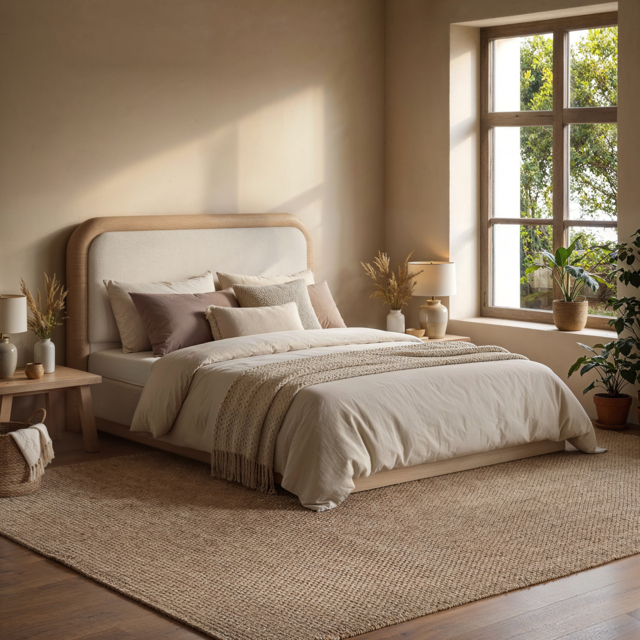 SOLACE+CO Gabriela Wooden Upholstered Bed Frame Cream Chenille Kingsize - image 1