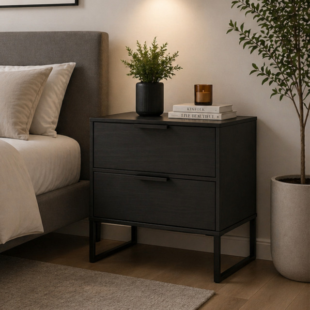 "Welcome Furniture Diego Double 2 Drawer Midi Bedside Cabinet-Black " - image 1