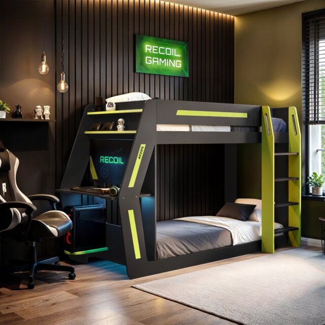 Recoil Alister Gaming Bunk Bed with Desk Charcoal & Green - image 1