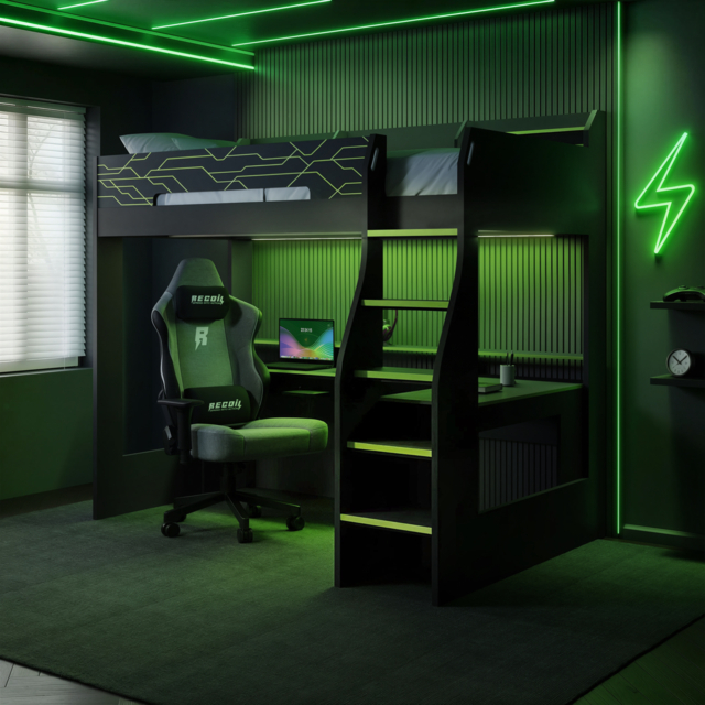 Recoil Ultimate Vivid Gaming High Sleeper with Desk Charcoal & Green Small Double - image 1