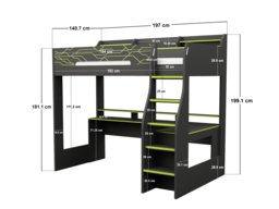 Recoil Ultimate Vivid Gaming High Sleeper with Desk Charcoal & Green Small Double - thumbnail 7