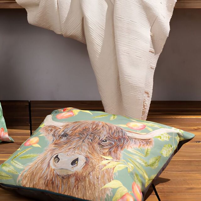Evans Lichfield Grove Highland Cow 43 x 43cm Outdoor Cushion Polyester - image 1