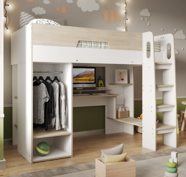 Flair Coco Gaming High Sleeper with Desk and Wardrobe Oak & White - image 1