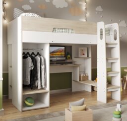Flair Coco Gaming High Sleeper with Desk and Wardrobe Oak & White - thumbnail 1