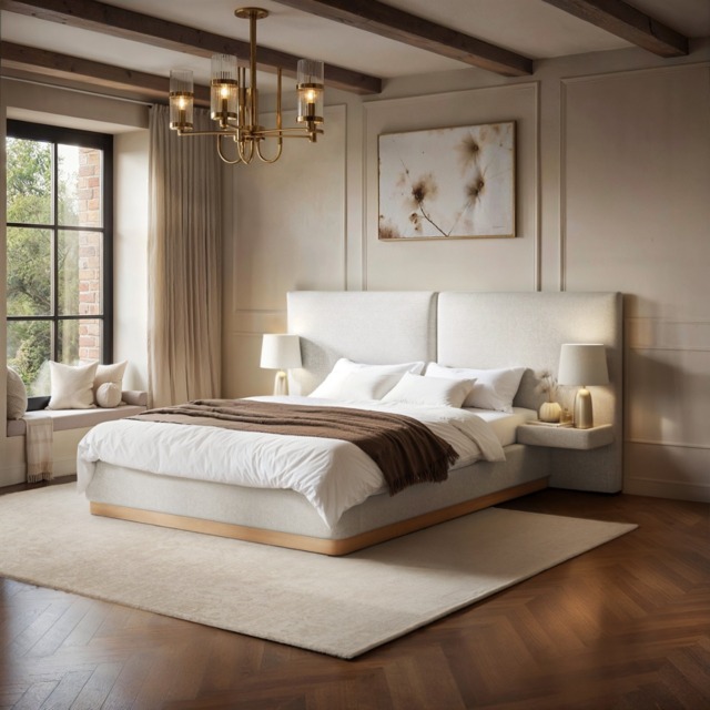 SOLACE+CO Vera Hotel Bed Frame with Integrated Bedside Tables Cream Kingsize - image 1