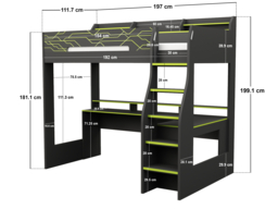 Recoil Ultimate Vivid Gaming High Sleeper with Desk Charcoal & Green Single - thumbnail 7