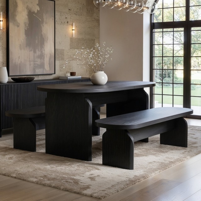 "SOLACE+CO Varm Ribbed Oval Extendable Dining Table & 2 Bench Set Black "