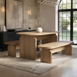 SOLACE+CO Varm Ribbed Oval Extendable Dining Table & 2 Bench Set Oak