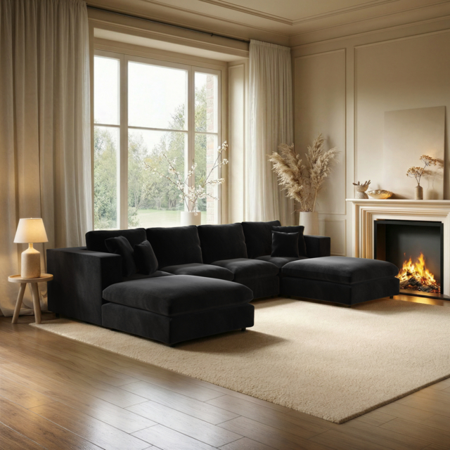 SOLACE+CO Asher Large U Shape Sofa Bundle Black Velvet - image 1
