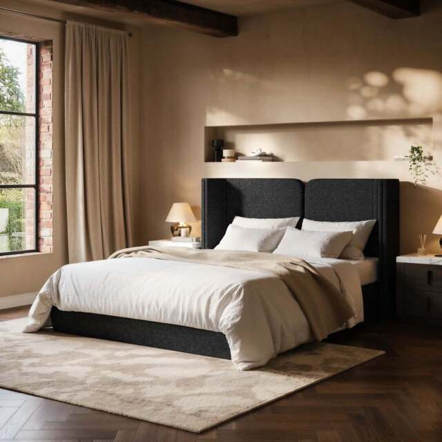 Solace+Co  Lumen Double Ottoman Bed with LED Winged Headboard Black Kingsize - image 1