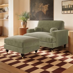 SOLACE+CO Addison Loveseat & Footstool Bundle Khaki Green Velvet