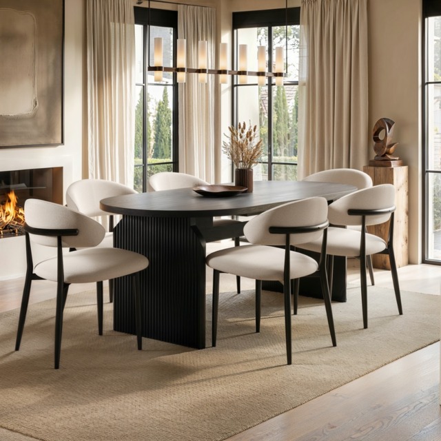 SOLACE+CO Varm & Cyra 4 to 8 Seater Black Extending Dining Table Set with Beige Chenille Chairs Table with 6 Chairs - image 1