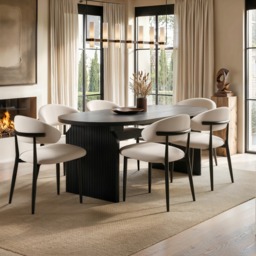 SOLACE+CO Varm & Cyra 4 to 8 Seater Black Extending Dining Table Set with Beige Chenille Chairs Table with 6 Chairs - thumbnail 1