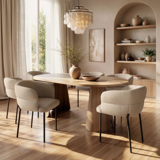 SOLACE+CO Ebony Oak Extendable Dining Set with 6 Elise Fabric Chairs Beige - image 1