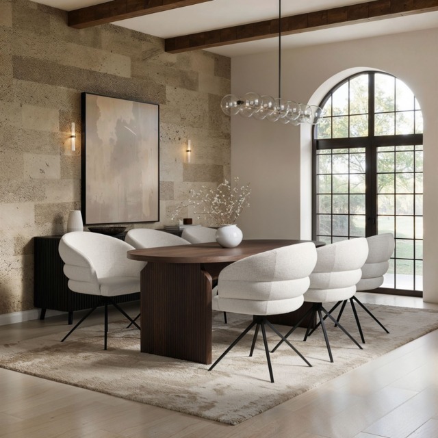 SOLACE+CO Varm Ribbed Oval Dining Table with Eira Chairs Set Table + 6 Chairs-Walnut - image 1