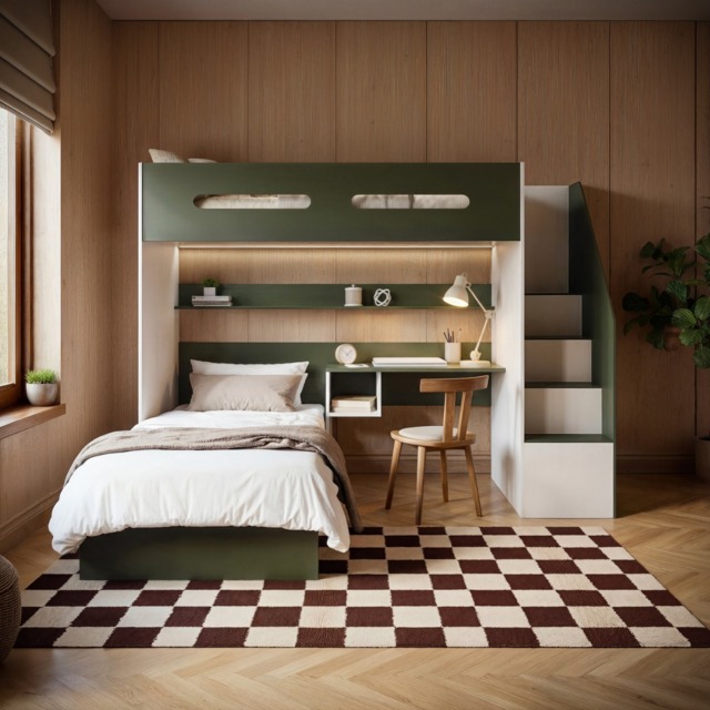 Flair Alpha Staircase L Shaped Bunk Bed with Desk Green & Beige - image 1