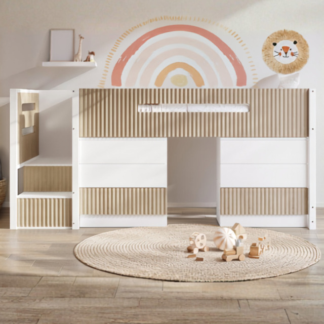 Flair Luca Mid Sleeper with 3 Drawers Chest Pair White & Oak Ribbed - image 1
