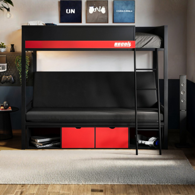 Recoil Nova Gaming Metal Bunk Bed with Futon Black & Red - image 1