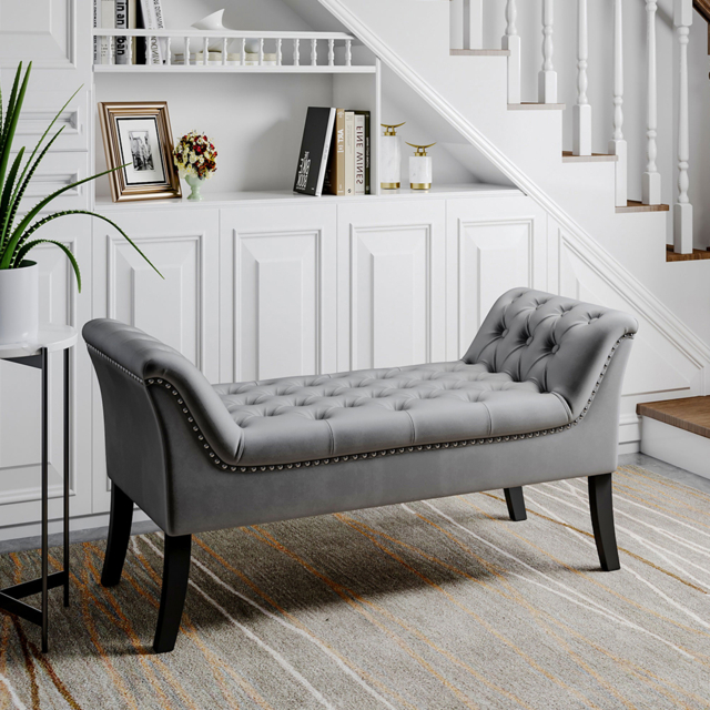 Living & Home Grey Armed Velvet Buttoned Bed Bench - image 1