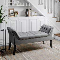 Living & Home Grey Armed Velvet Buttoned Bed Bench - thumbnail 1