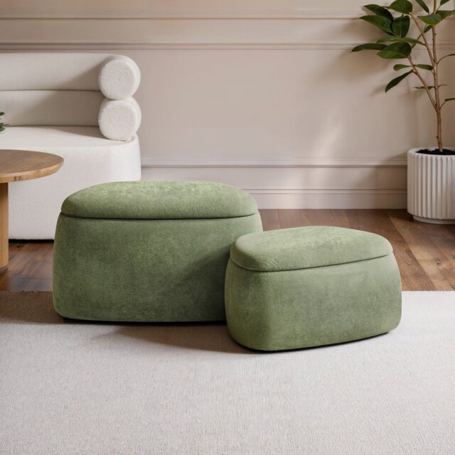 "SOLACE+CO Zuri Set of 2 Storage Pouffes Green Chenille " - image 1