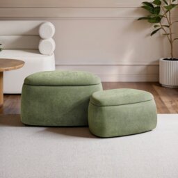 "SOLACE+CO Zuri Set of 2 Storage Pouffes Green Chenille " - thumbnail 1
