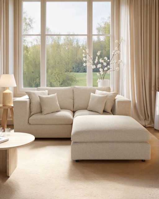SOLACE+CO Asher 3 Seater Sofa with Reversible Footstool Beige Boucle - image 1