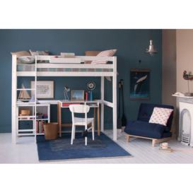 Little Folks Furniture Classic Beech High Sleeper Bed with Desk, Storage and Futon Chair Bed Blue