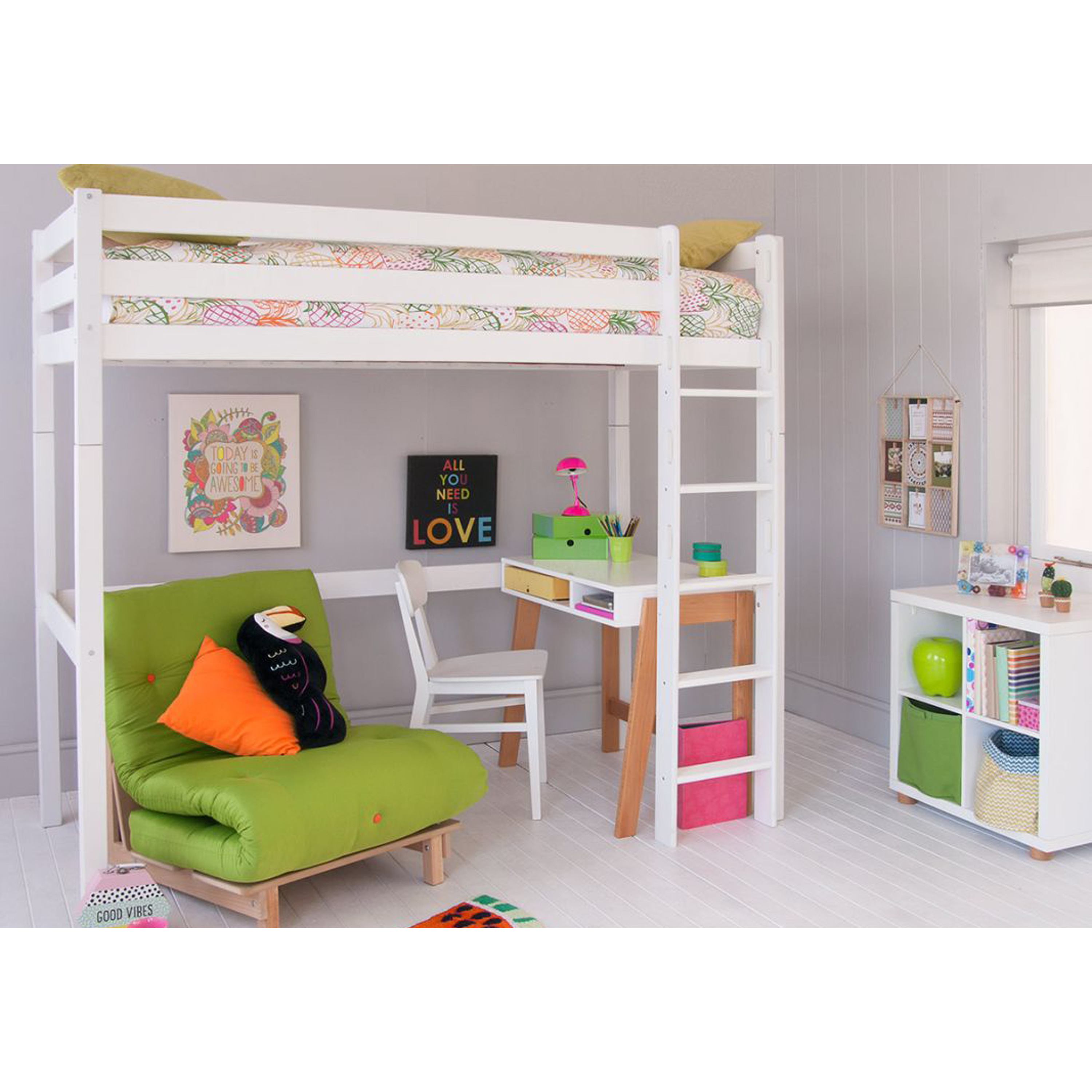 Little Folks Furniture Classic Beech High Sleeper Bed with Desk, Storage and Futon Chair Bed Lime