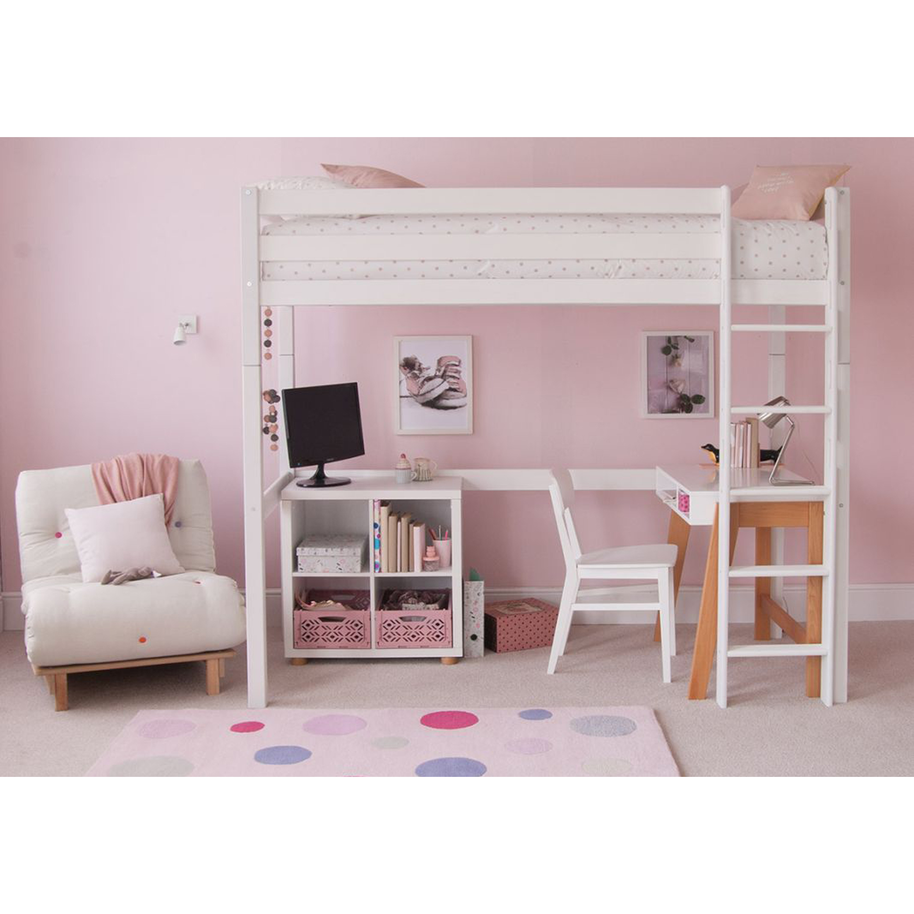 Little Folks Furniture Classic Beech High Sleeper Bed with Desk, Storage and Futon Chair Bed Lollipop