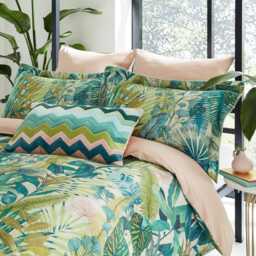Harlequin Floreana Square Pillowcase, Fig Leaf & Coral - thumbnail 2
